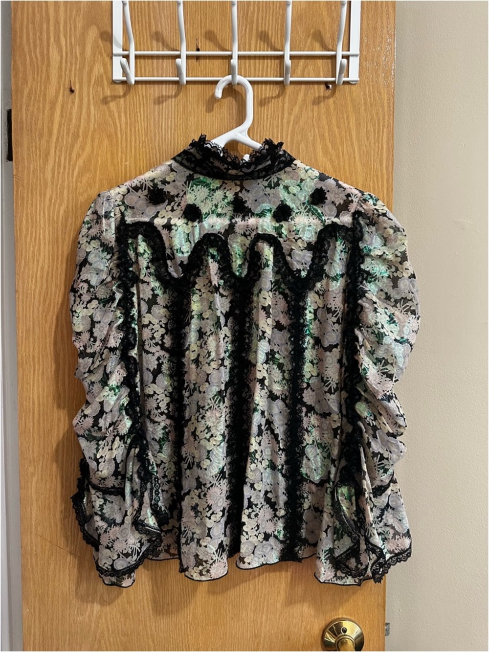 Anna Sui Black Floral Lace Blouse with Cream Accents